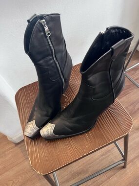 Free People Black Brayden 
Western Ankle Boots with Silver Toe Caps - Size 7.5